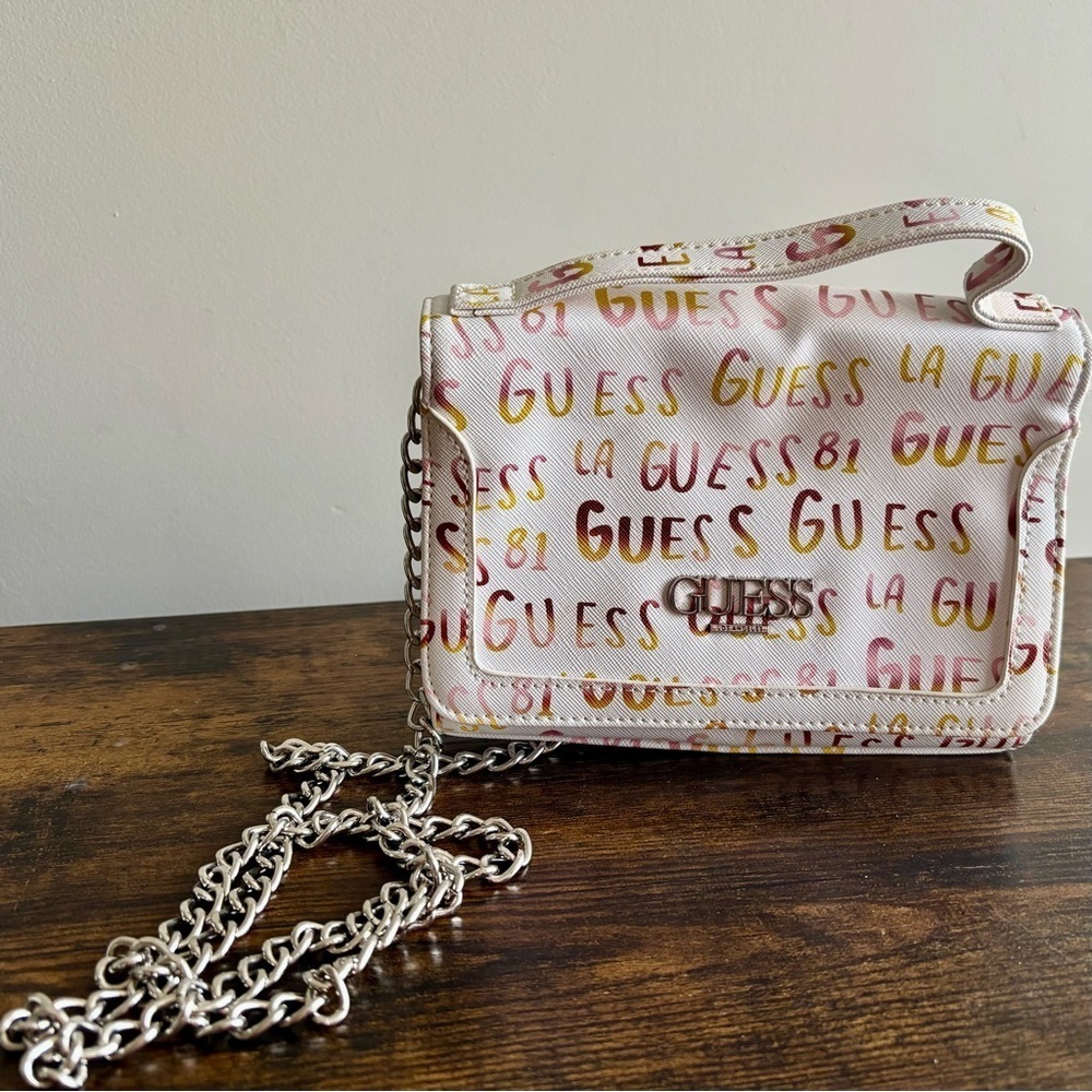 GUESS| Jozy White & Gold Monogram Women's Crossbody Chain Purse Bag Handle